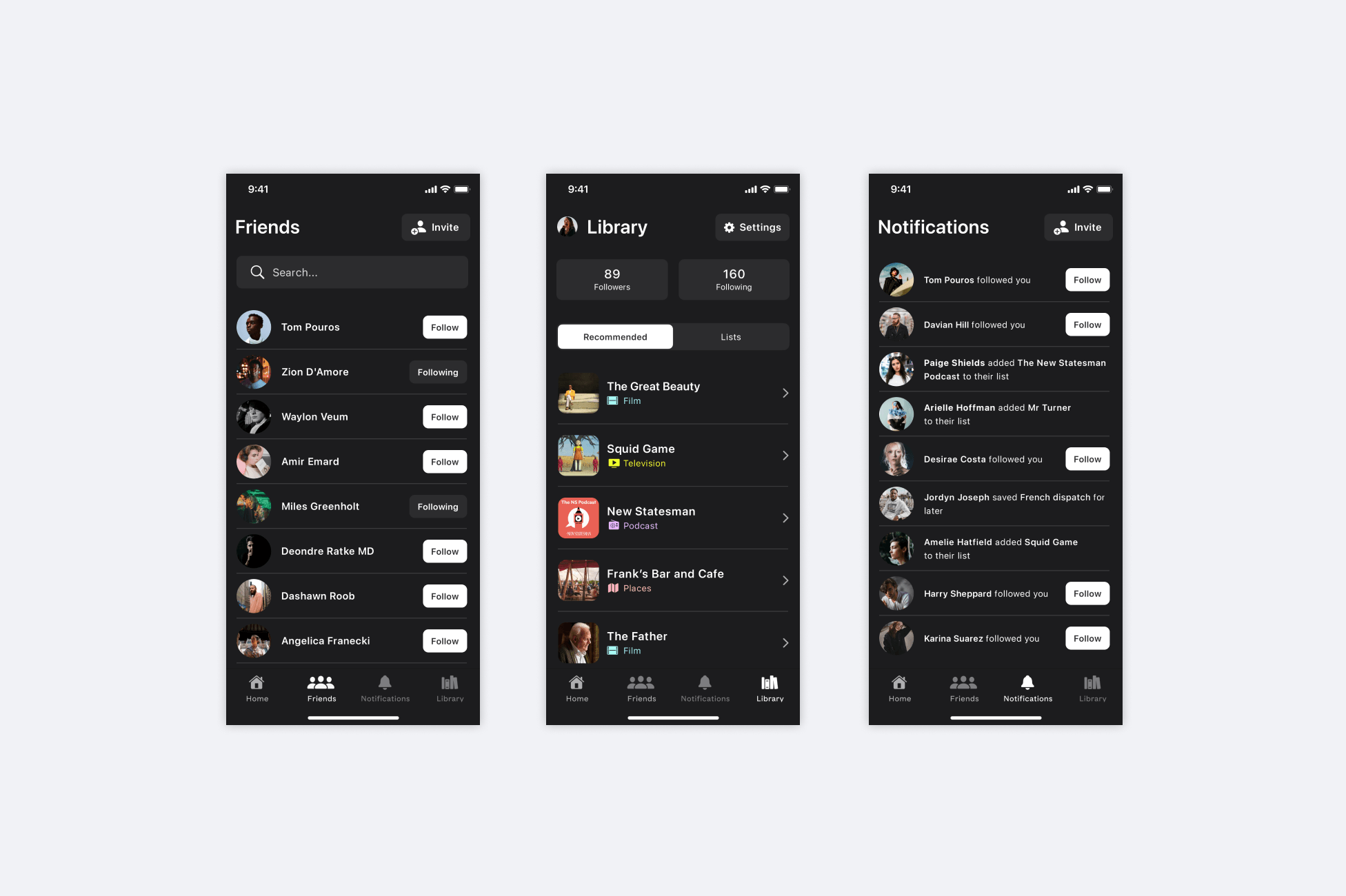 3 Screenshots of the app showing the friends screen, a content library and notifications.