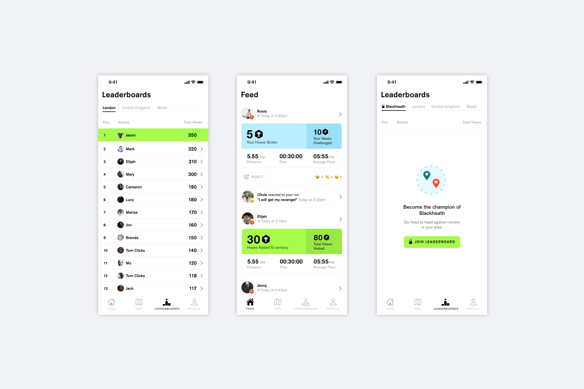 3 screenshots showing the leaderboard and competitive features in Stride