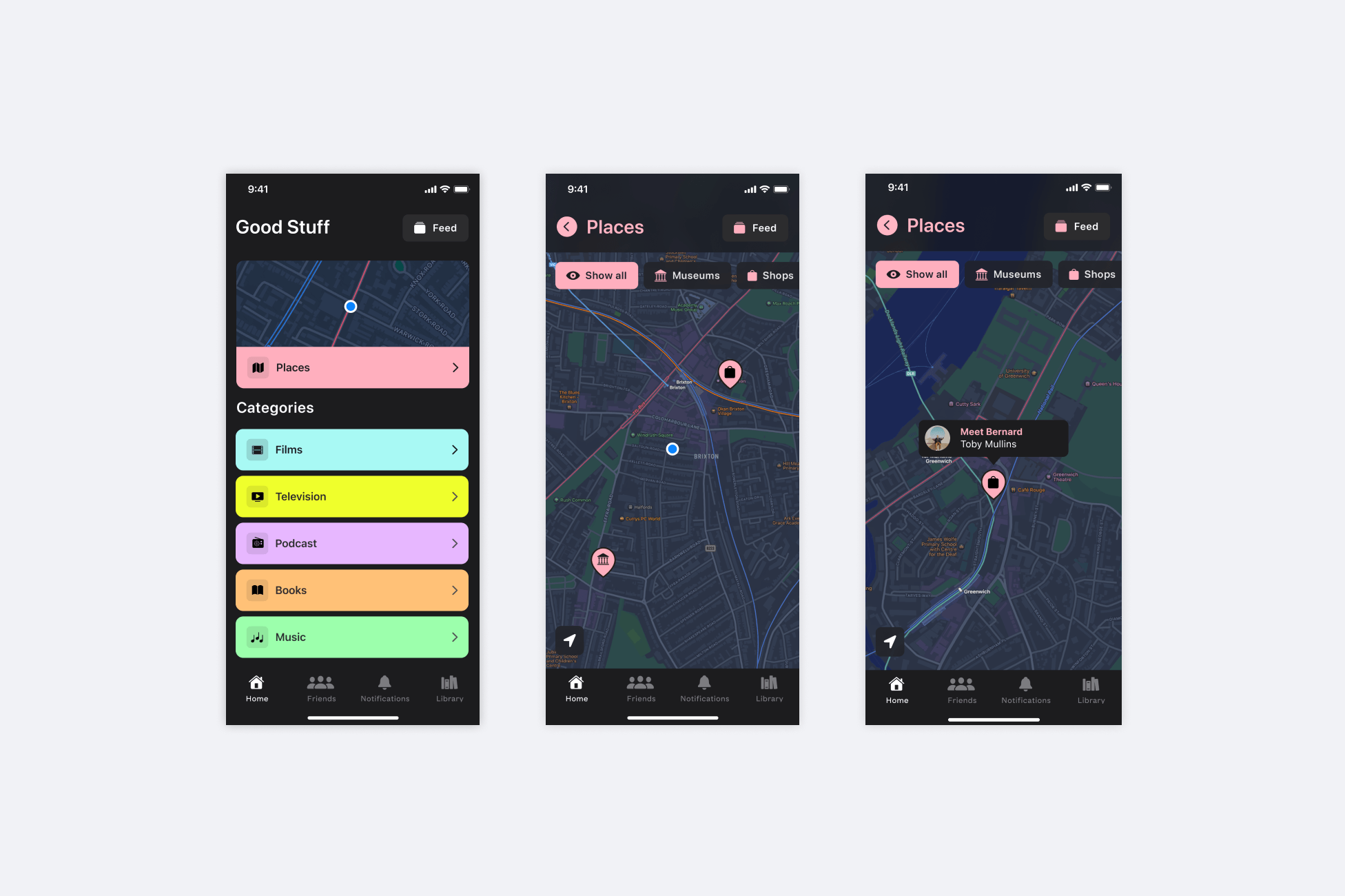 Screenshots of the home and map screens of the Good Stuff App. 