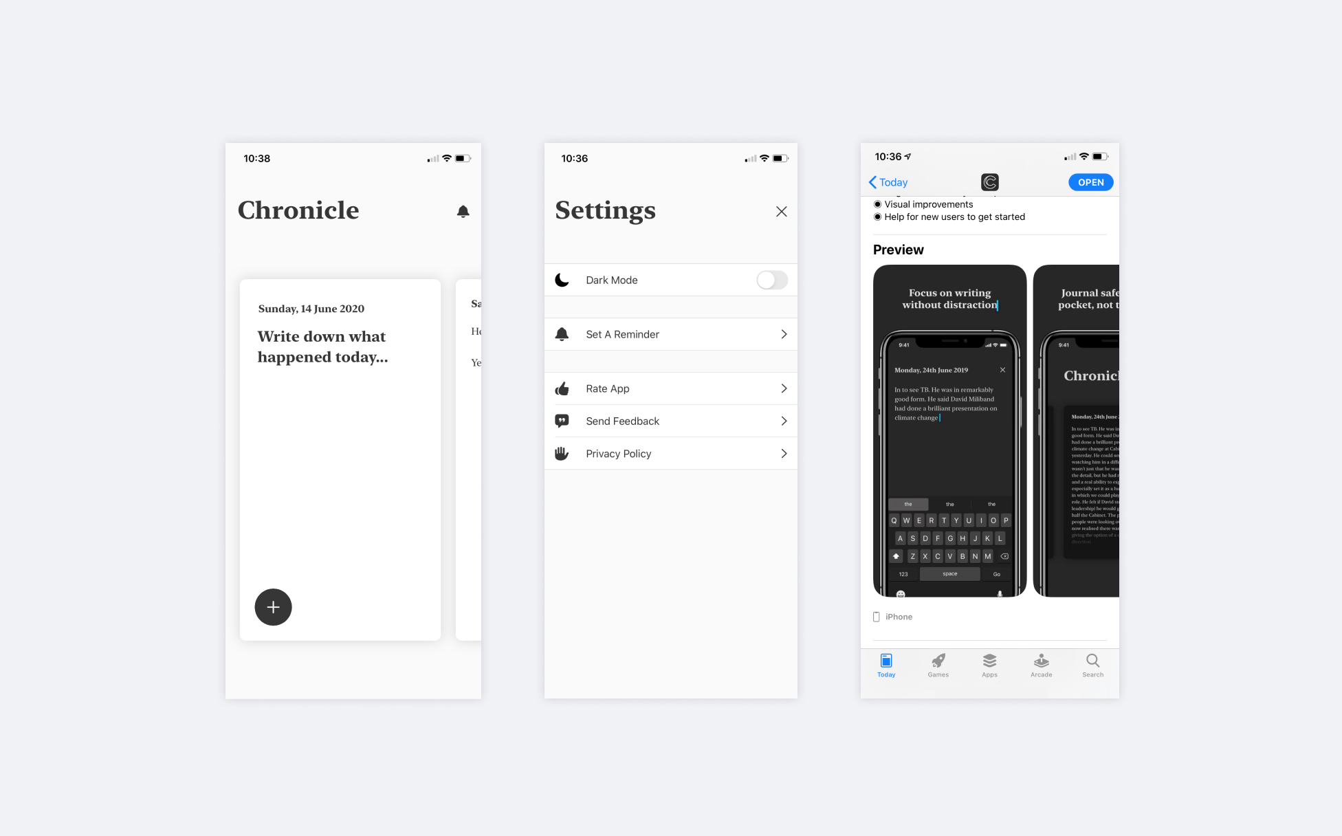 Screenshot of the chronicle settings and app screens