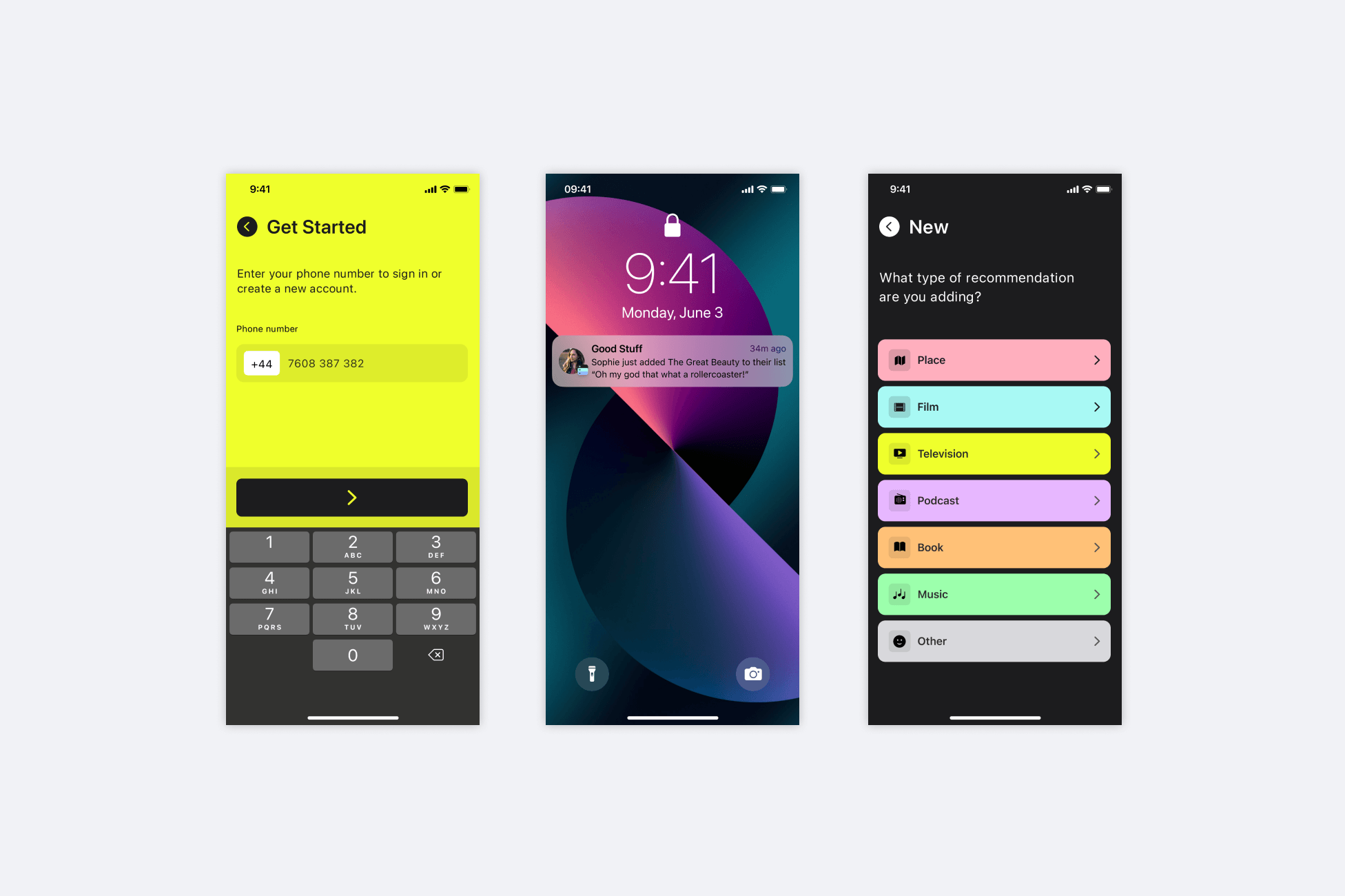 3 screenshots from the app of a get started screen, notification and add new recommendation screen. 