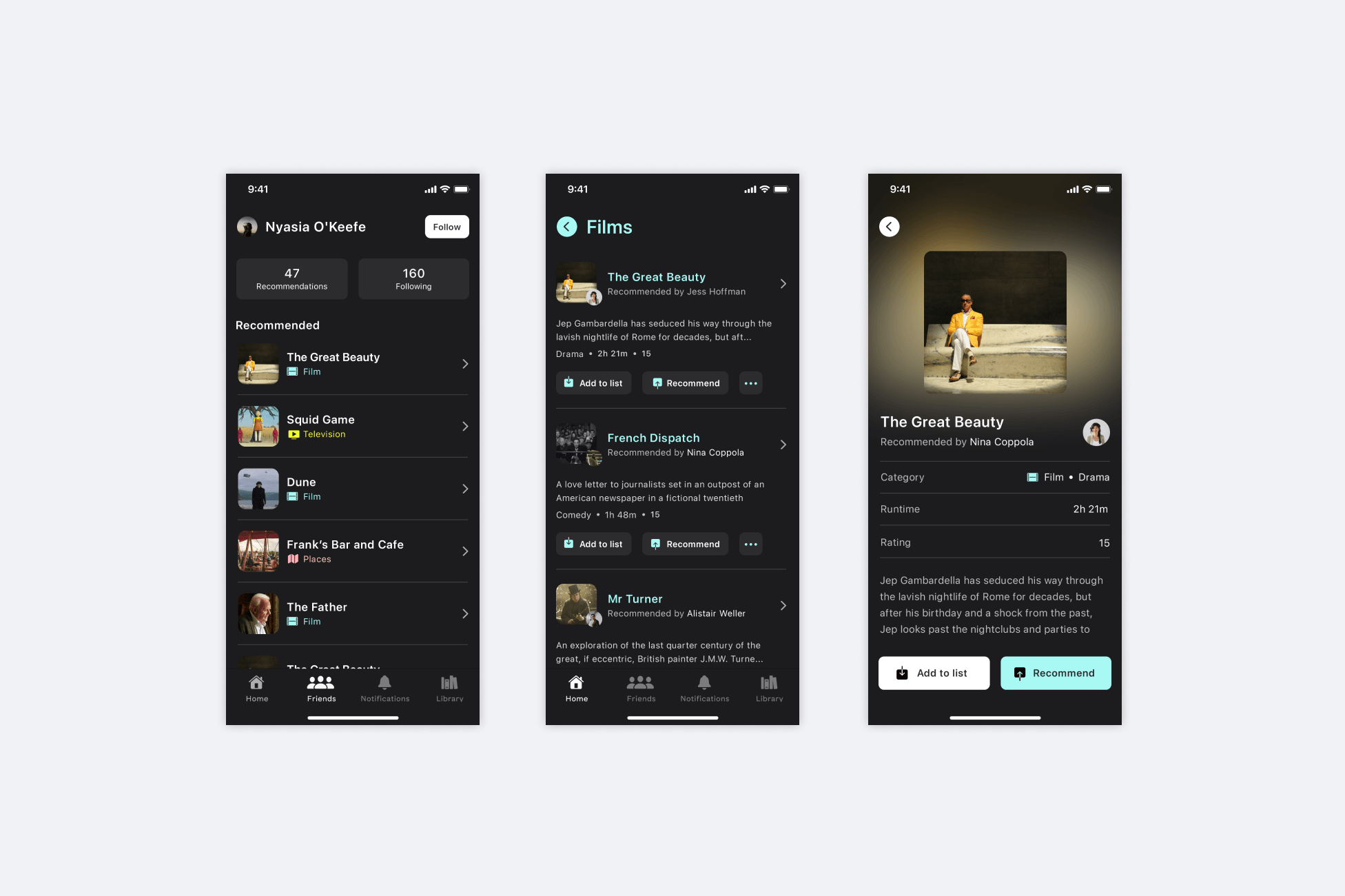 3 screenshots showing the flow for seeing a recommendation for a film