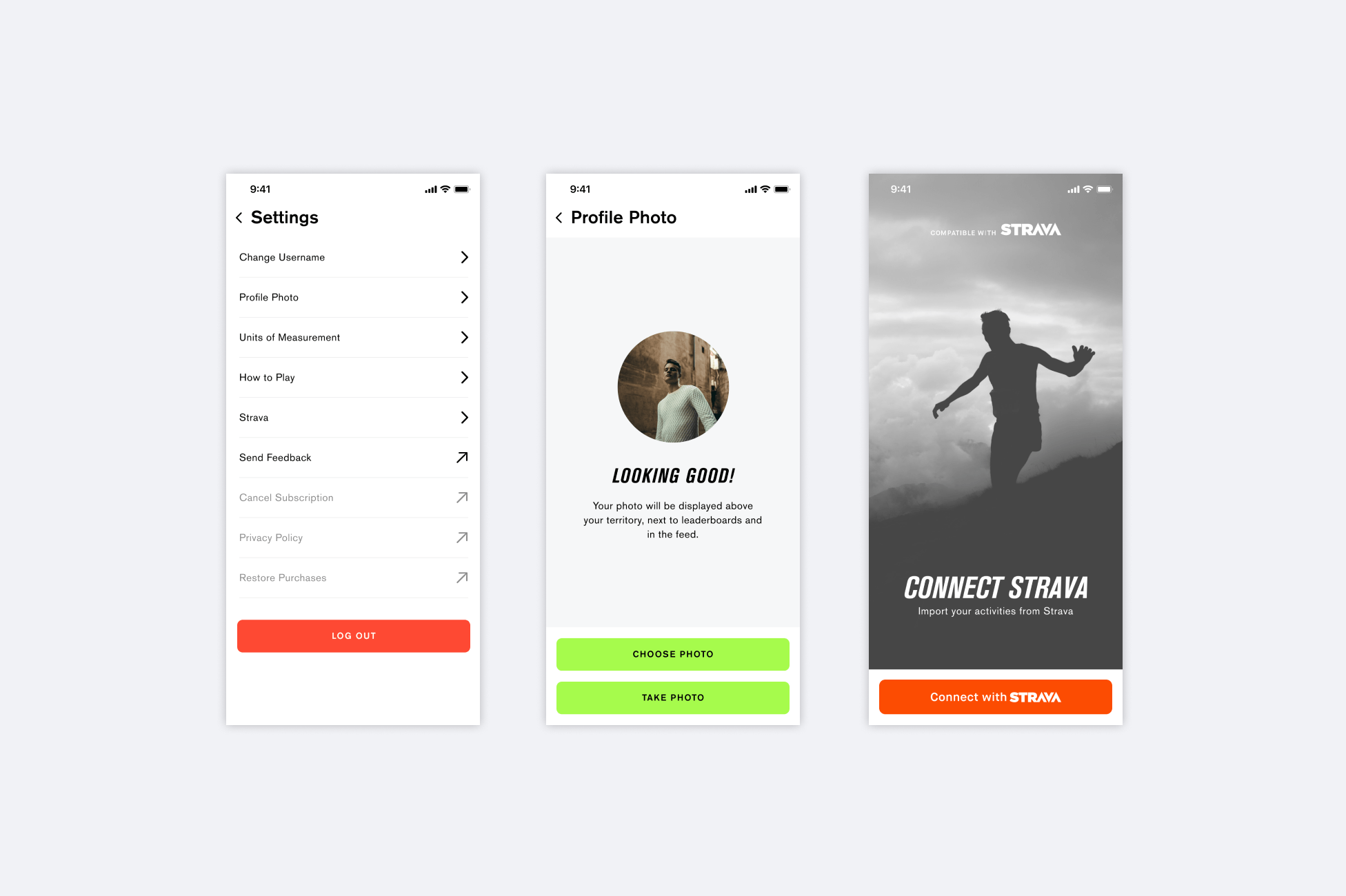 3 screenshots showing the settings screen and intergration with Strava in the app